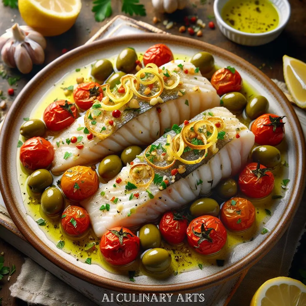 Baked White Fish with Garlic, Lemon & Olives