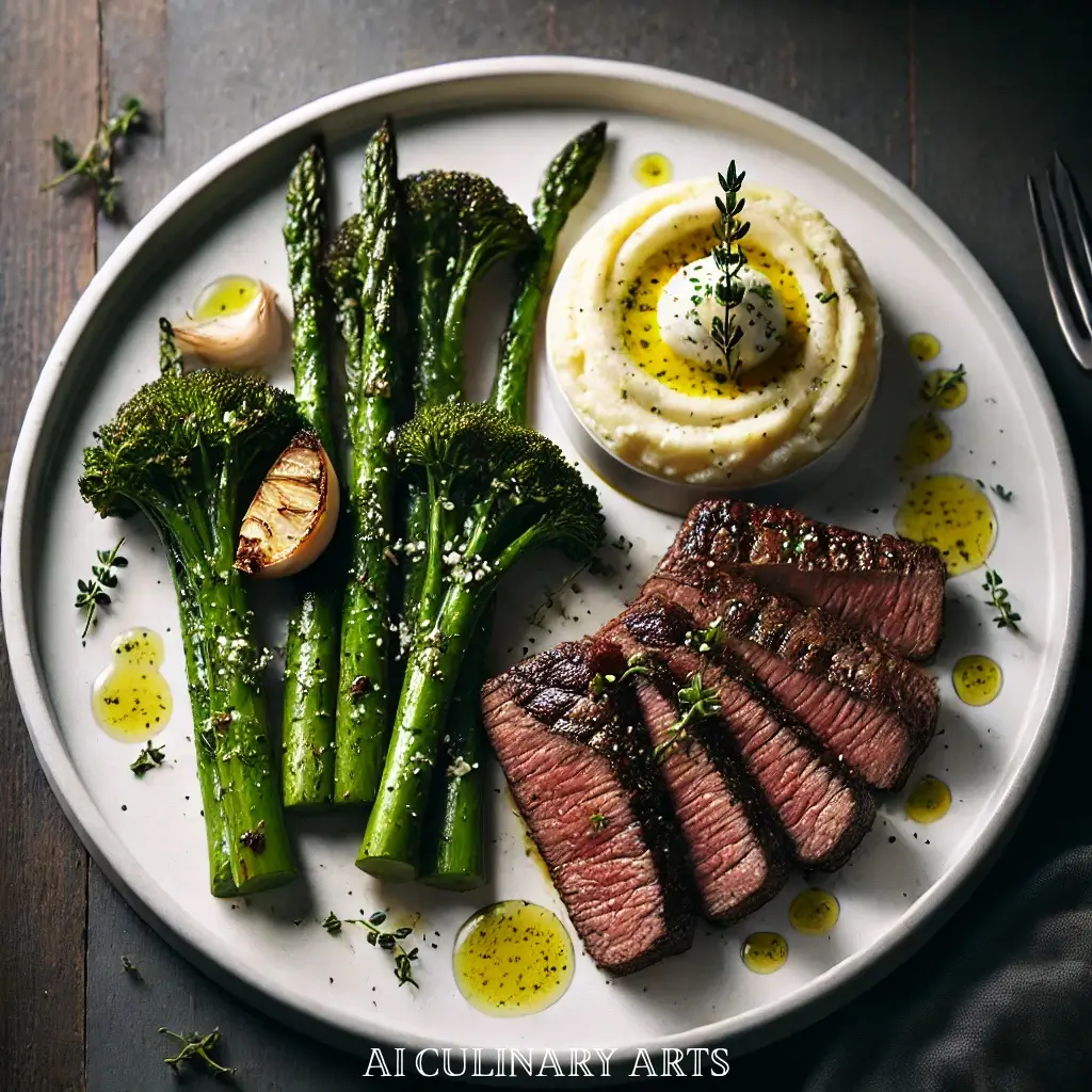 Garlic-Herb Butter Steak with Roasted Broccolini & Potato Purée