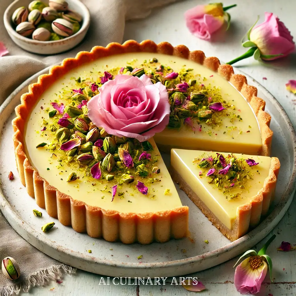 Pistachio Rose Custard Tart with Cardamom Crust