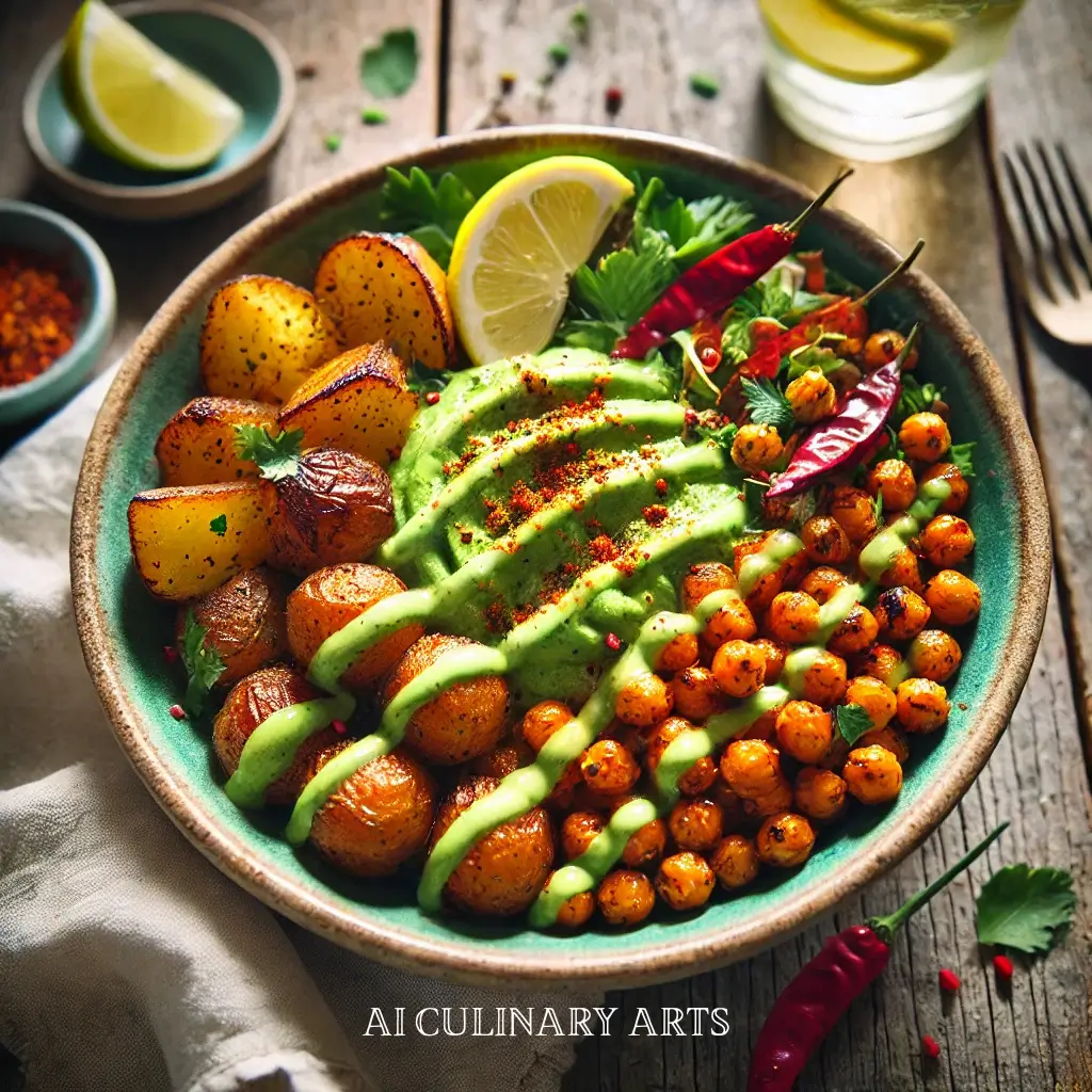 Crispy Chickpea Smashed Potato Bowl with Avocado-Tahini Sauce