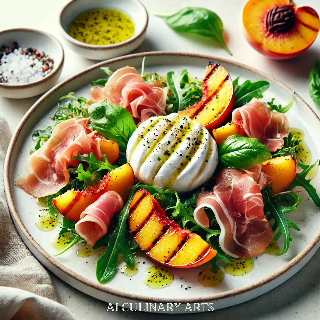 Grilled Peach & Prosciutto Salad with Burrata & Basil Oil