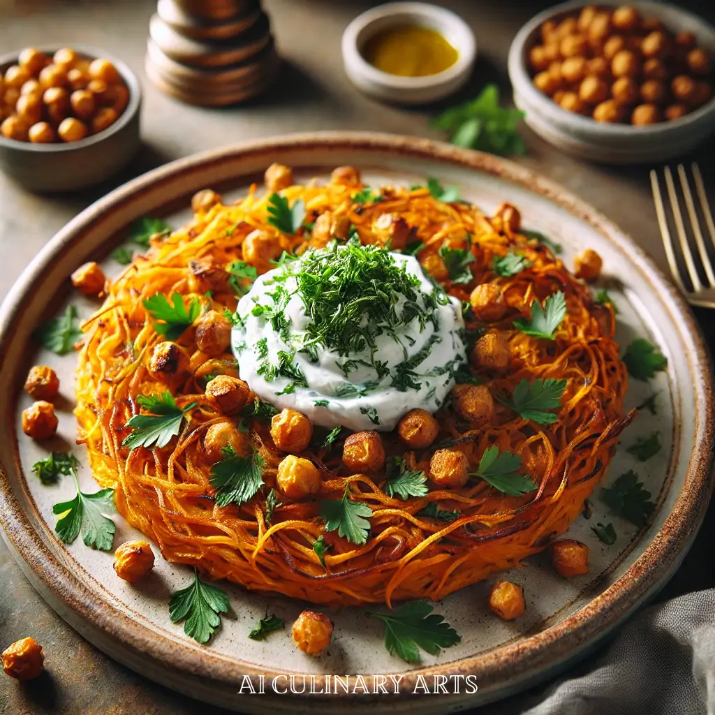 Harissa Sweet Potato Rösti with Herbed Labneh & Crispy Chickpeas