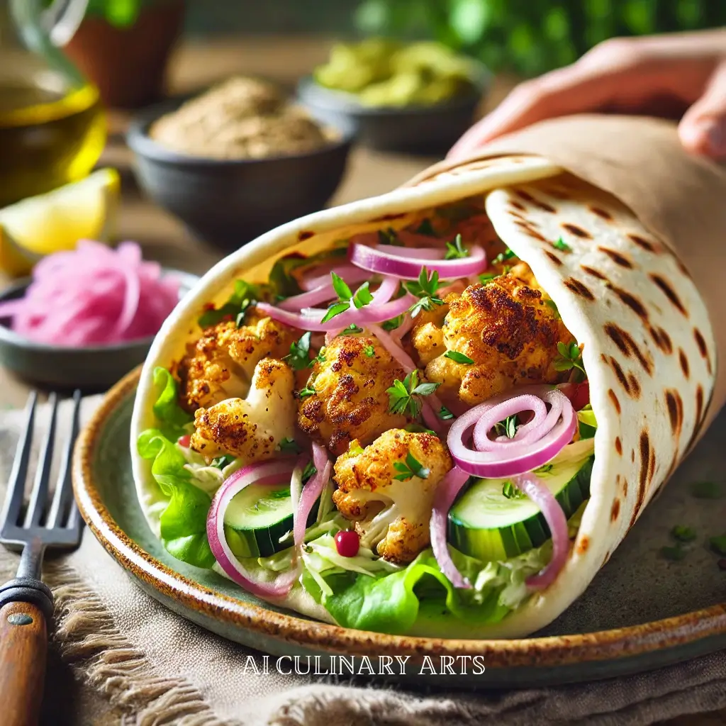 Roasted Cauliflower Shawarma Wraps with Pickled Onions & Zesty Tahini Sauce