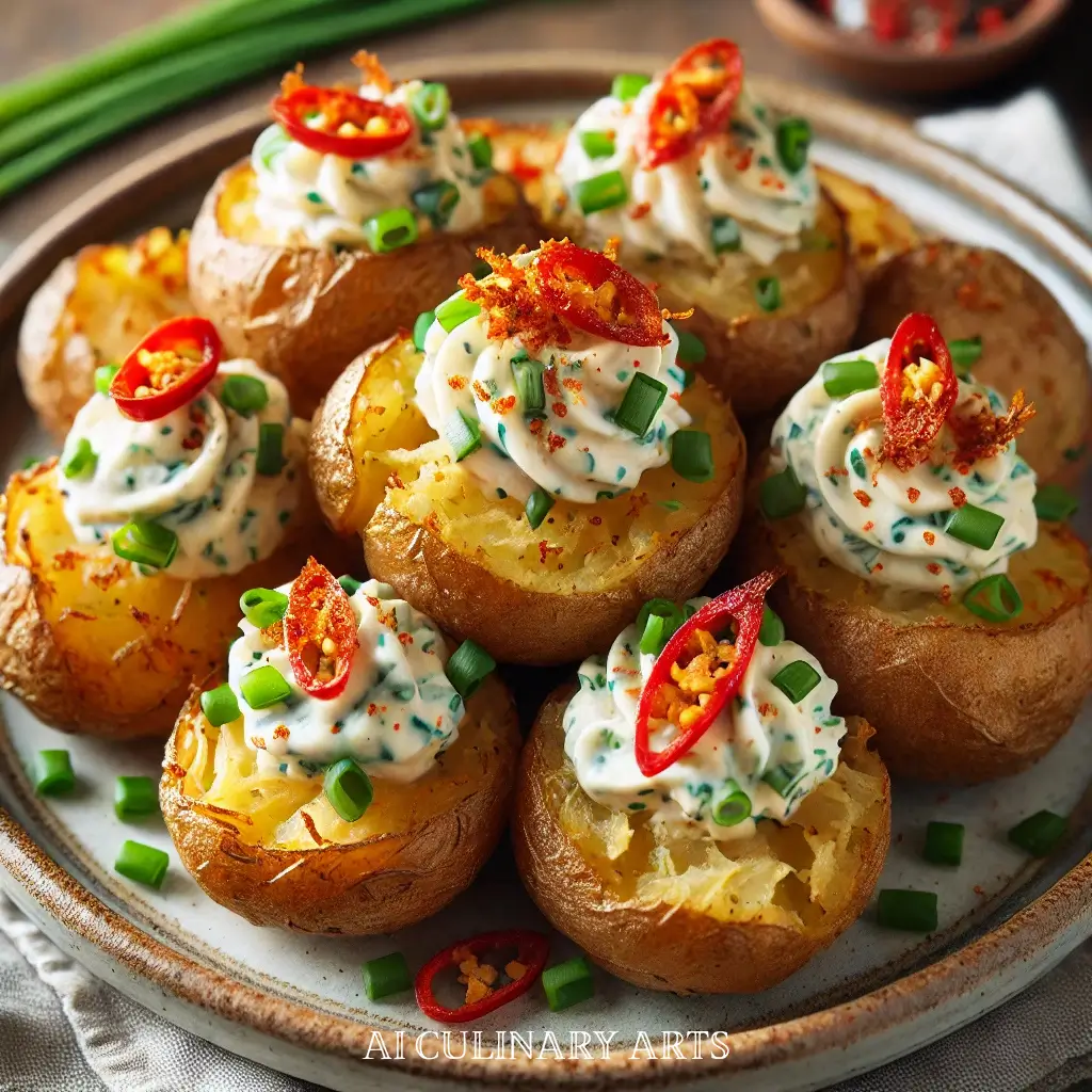 Smashed Potatoes with Vegan Chive Spread & Chili Crisp