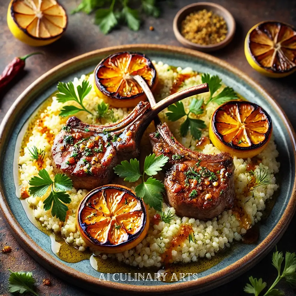 Harissa Honey Glazed Lamb Chops with Herbed Couscous & Charred Citrus