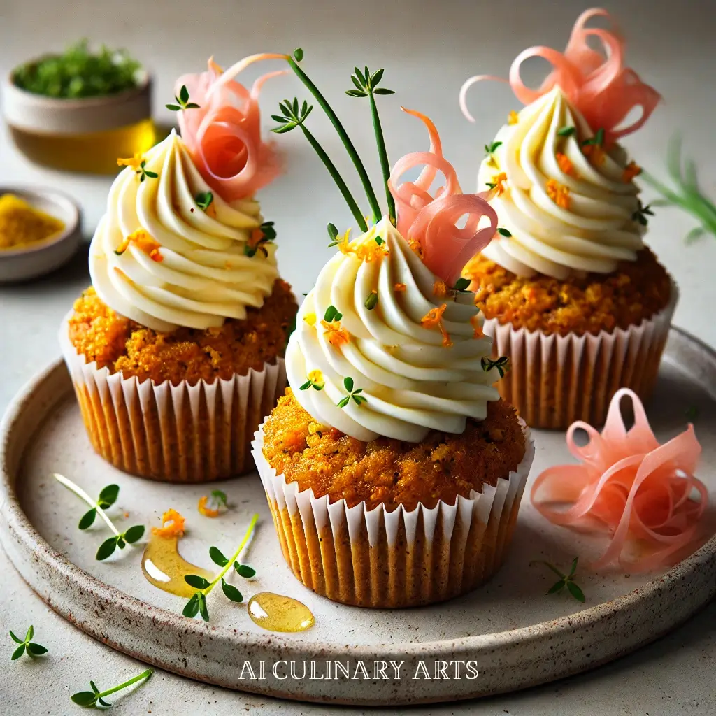 Savory Miso–Carrot Cupcakes with Whipped Goat Cheese Frosting & Pickled Gi
